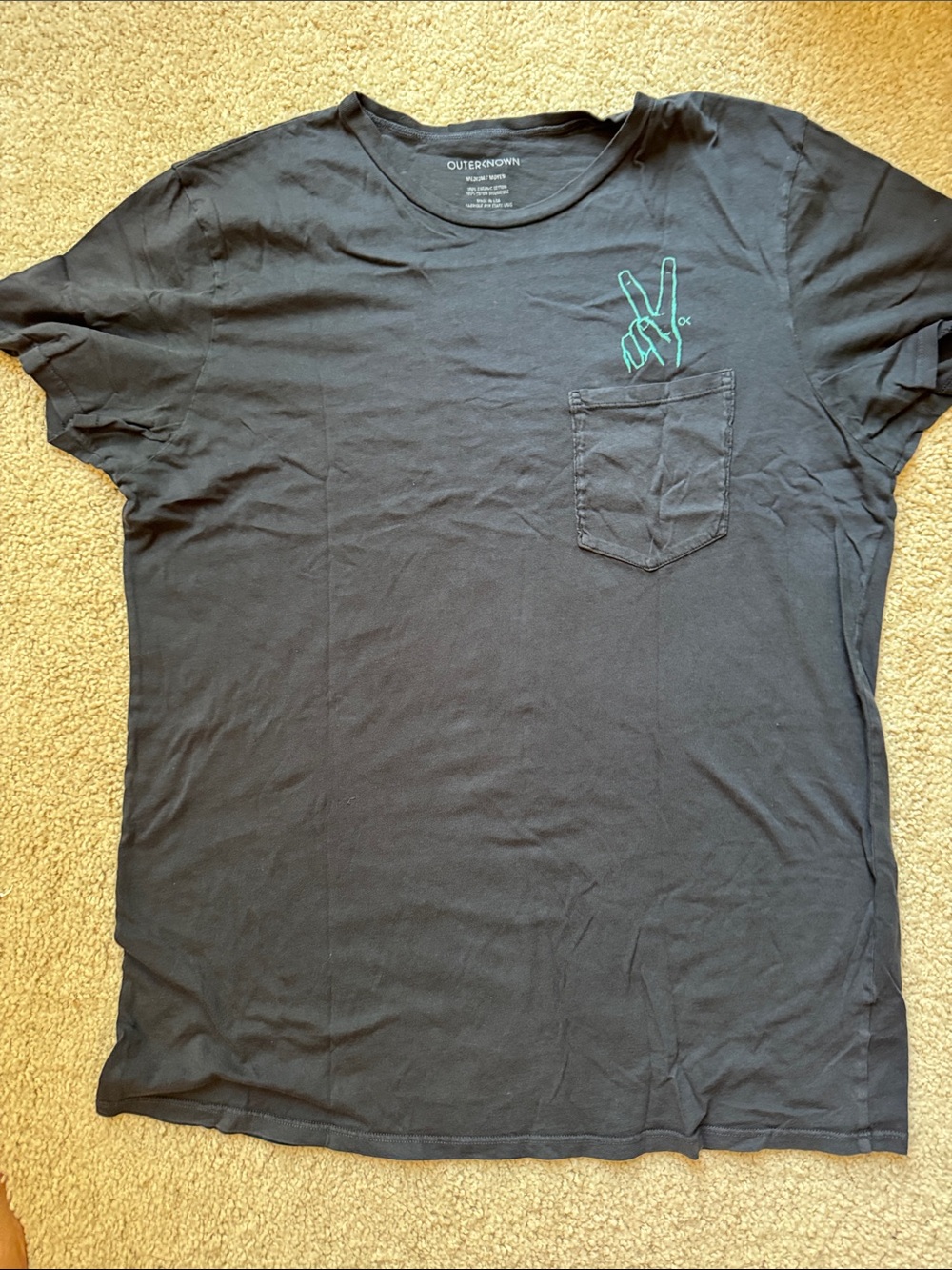 Outerknown Black Short-Sleeve Pocket Tee with Teal Peace Hand Graphic